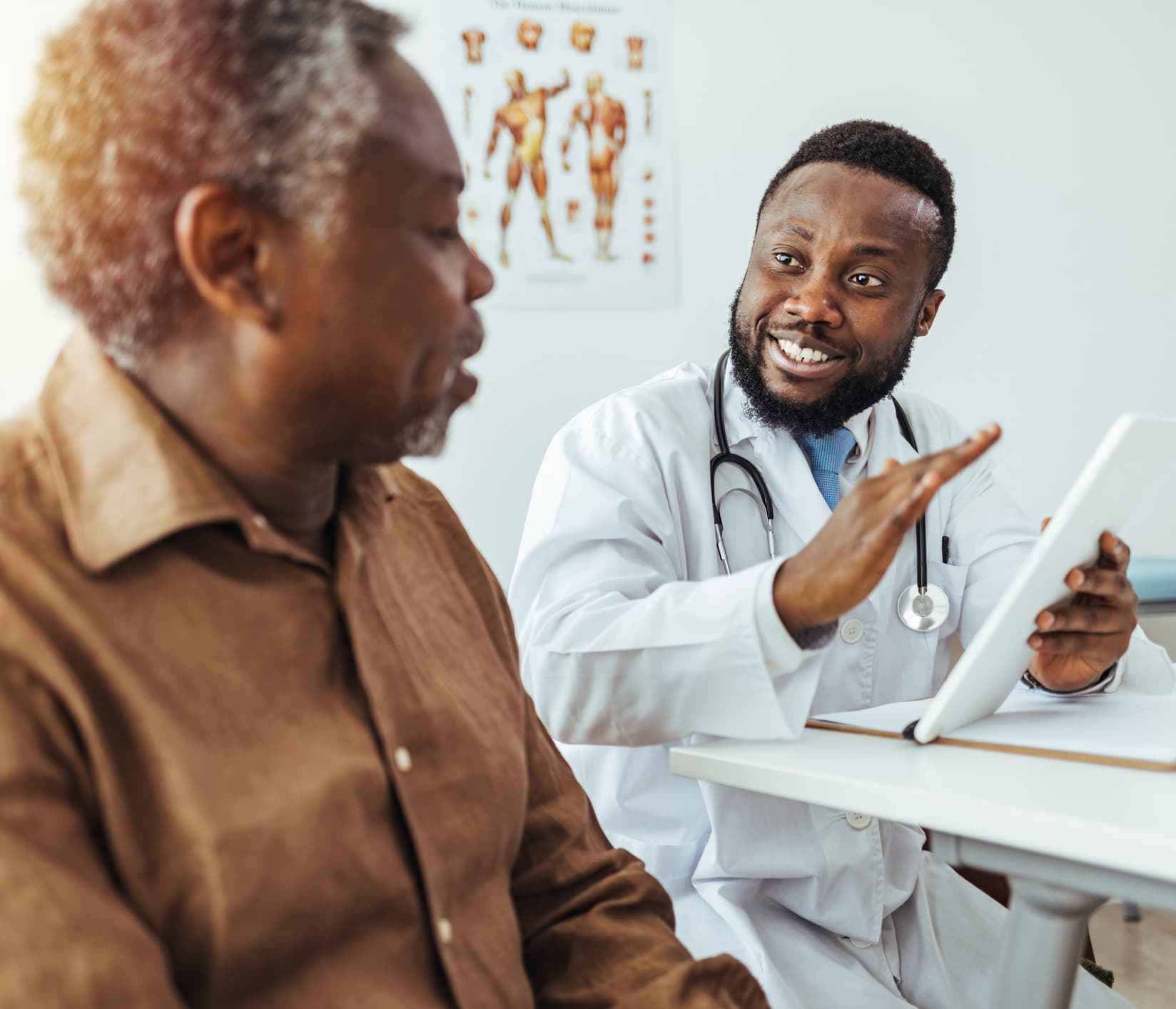 Patient discussing health information with a physician