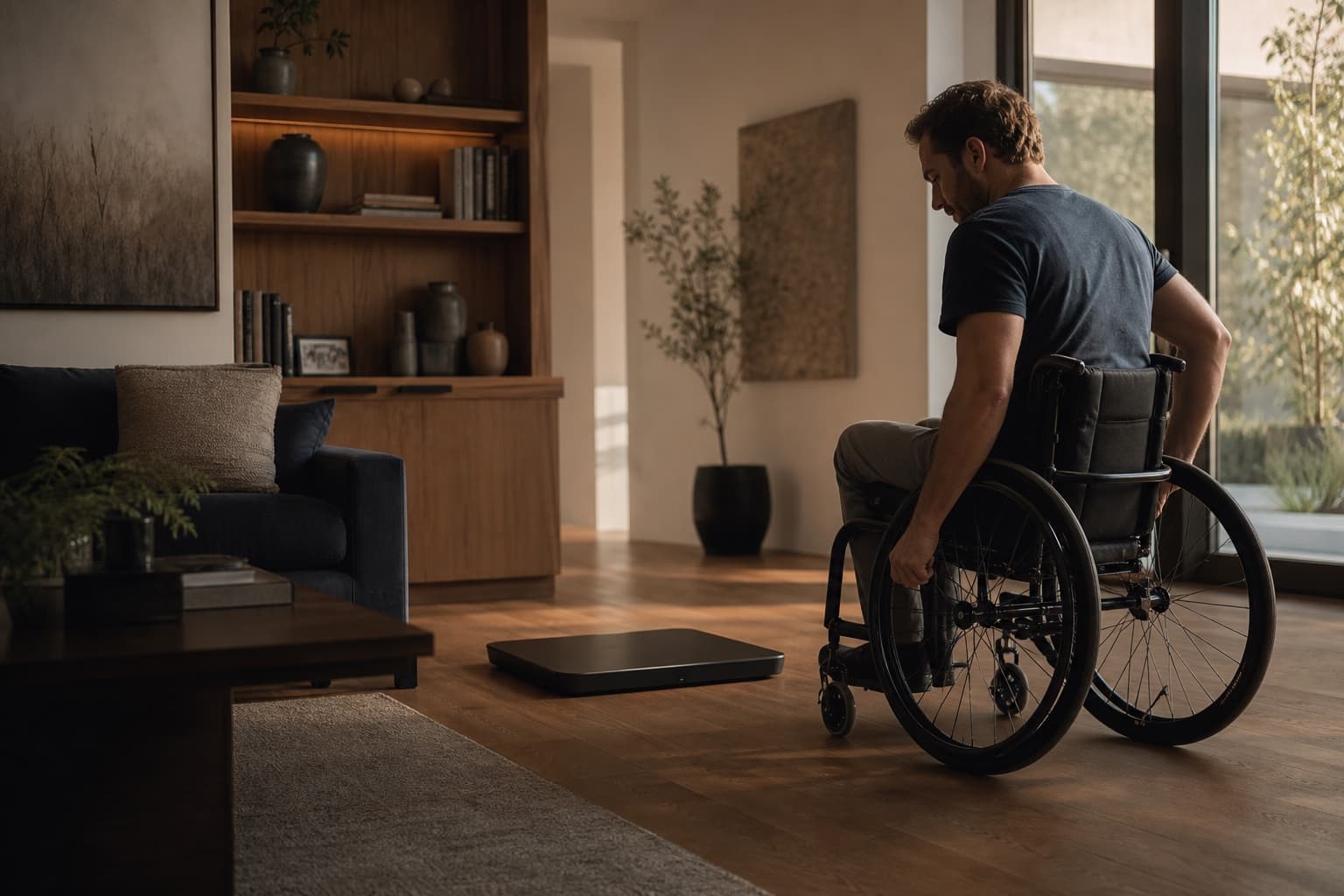 Wheelchair user approaching a low-profile scale at home